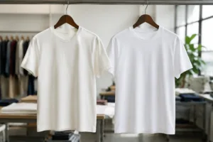 side seamed vs tubular t-shirt comparison in a professional apparel sampling setting