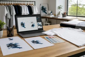 t-shirt artwork file preparation for print-ready review on a manufacturer desk