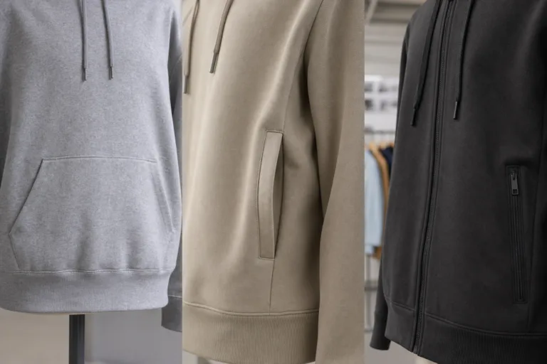 Comparison of hoodie pocket design options including kangaroo, side seam, and zipper pockets
