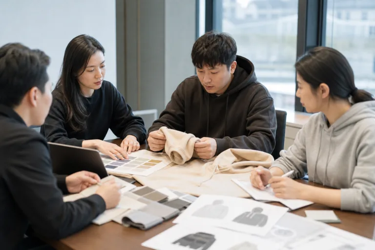 Procurement team reviewing corporate hoodies bulk order fabric and construction options