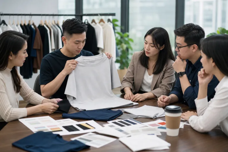 procurement team reviewing samples for a corporate t-shirts bulk order