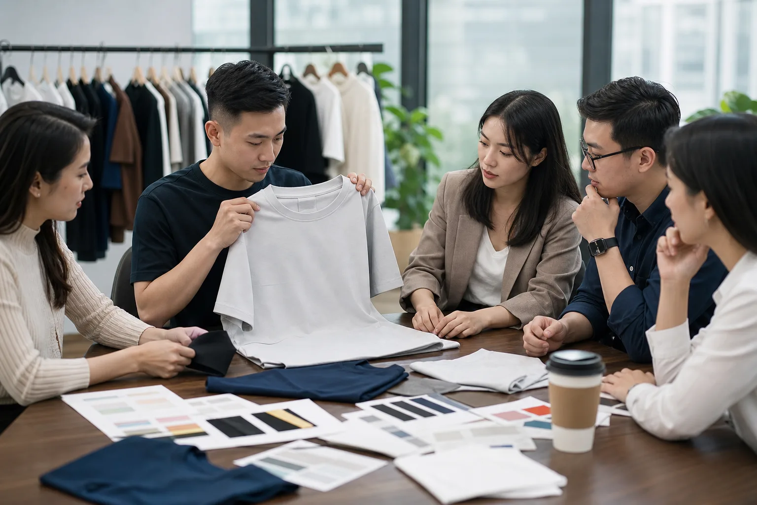 procurement team reviewing samples for a corporate t-shirts bulk order