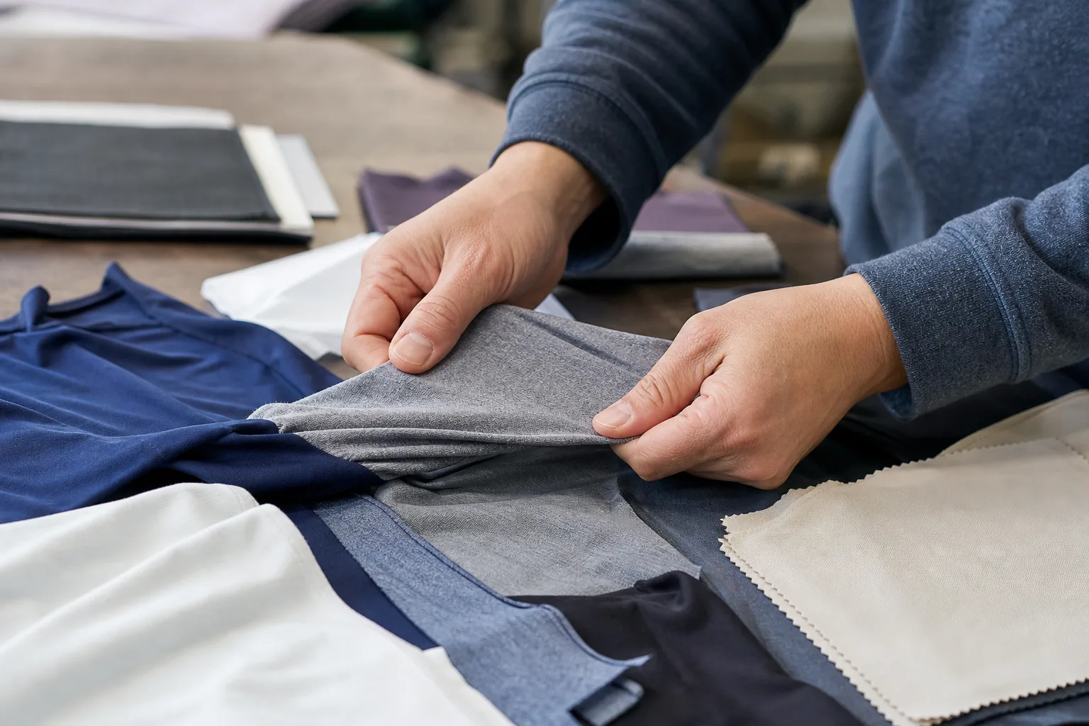 Fabric swatches for custom t-shirts for fitness brands during sourcing review