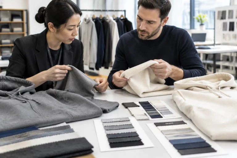 Product team reviewing heavyweight vs midweight hoodie fabric options for brand positioning