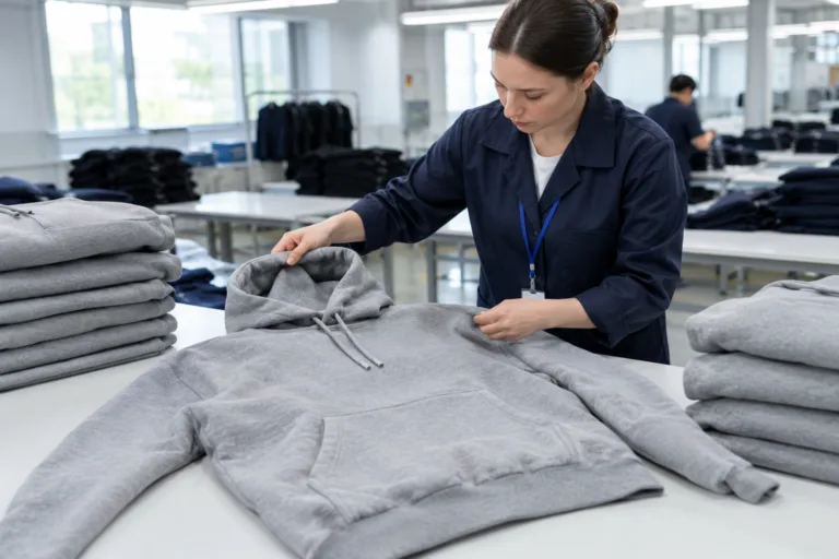 Quality inspector using a hoodie defect checklist to review hood and pocket construction
