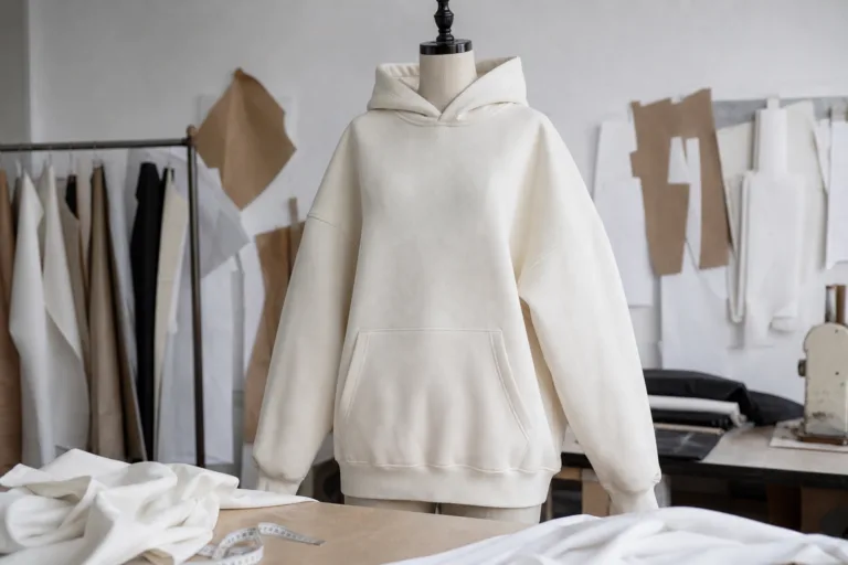 oversized hoodie fit sample on dress form with drop shoulder proportions