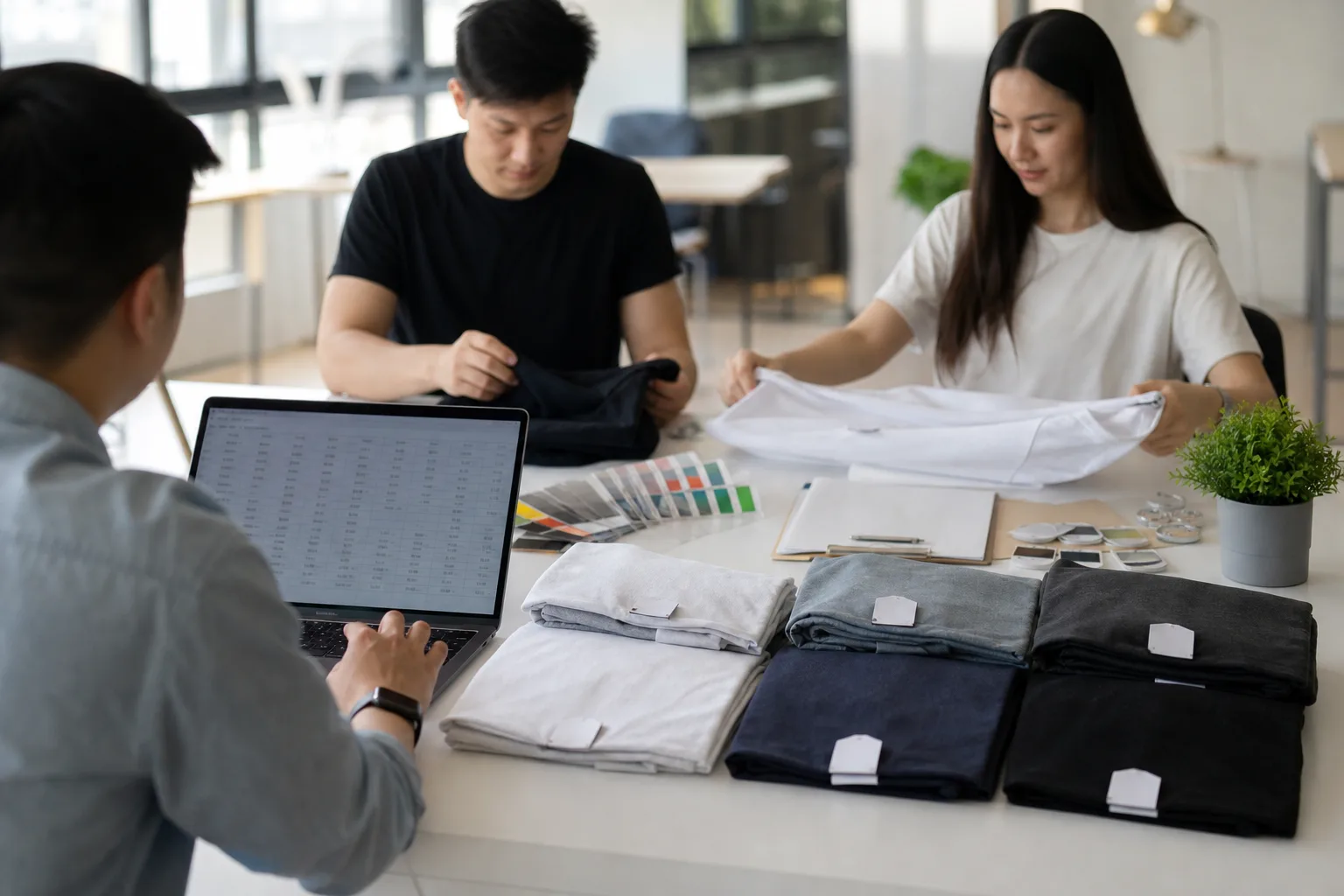buyer reviewing t-shirt size ratio planning for a bulk order