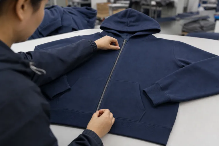 Inspector reviewing zip up hoodie zipper quality on a custom hoodie production table