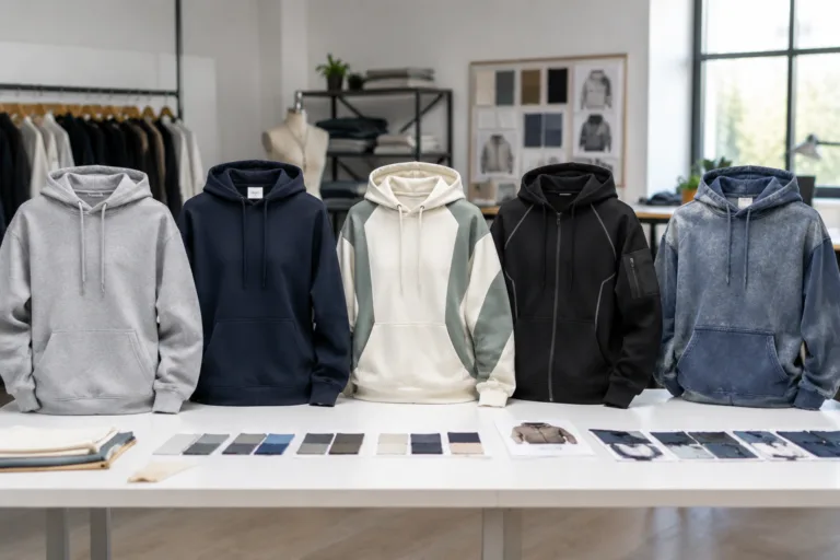 blank hoodies vs custom hoodies comparison in a professional sample room