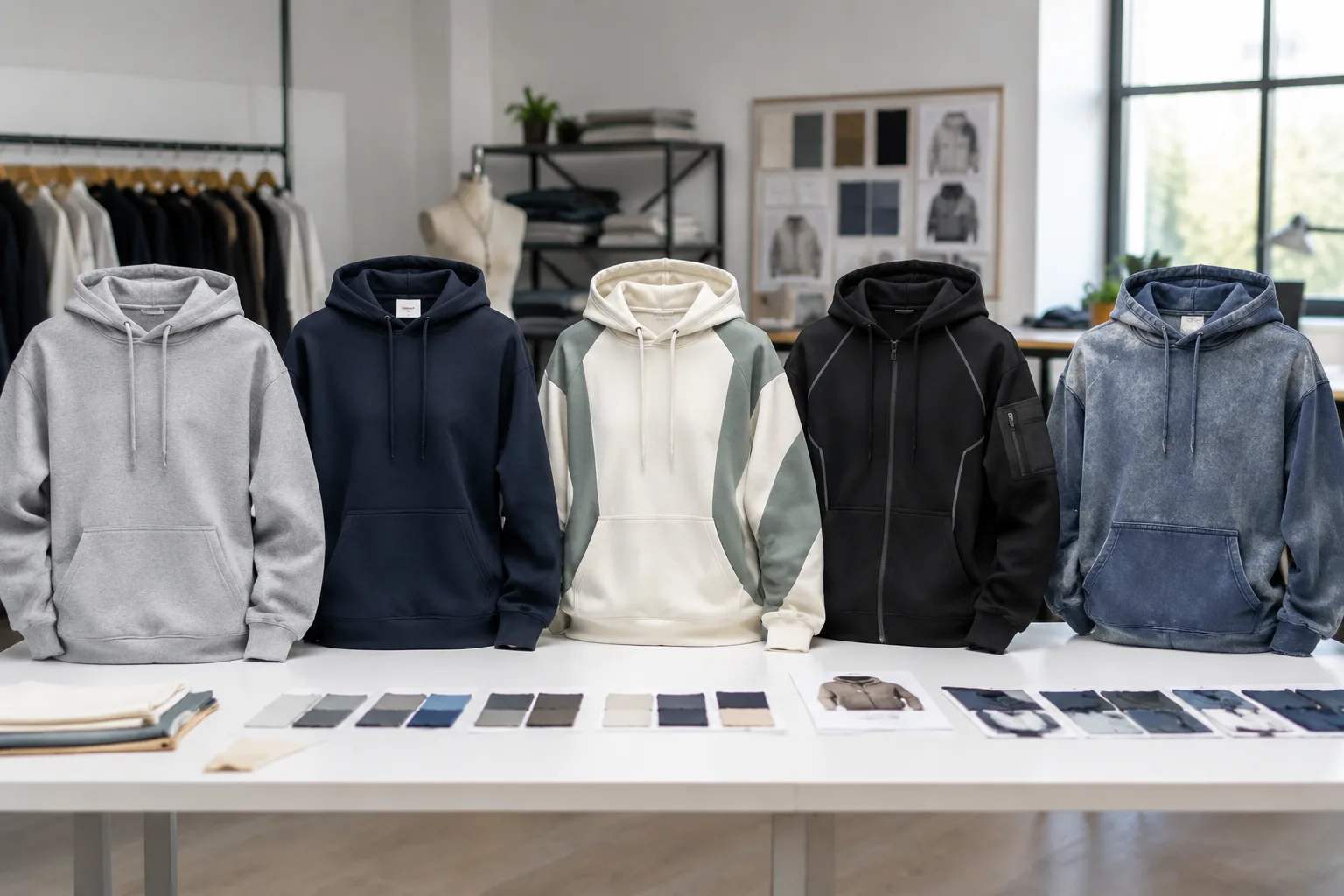blank hoodies vs custom hoodies comparison in a professional sample room