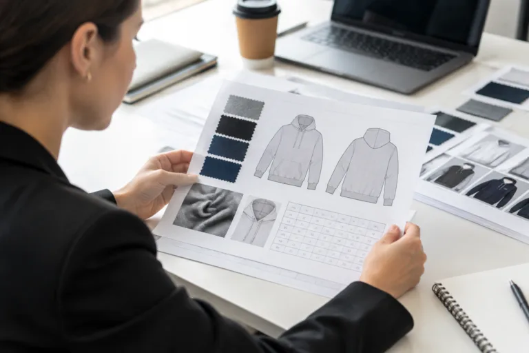 Buyer preparing a custom hoodie RFQ with hoodie specs and fabric swatches