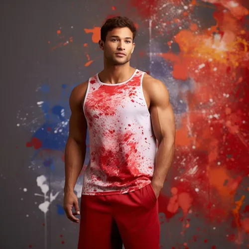 Man in tank top against colorful paint splash background.