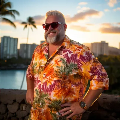 Man in tropical shirt at sunset with palm trees.