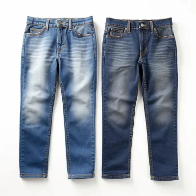 Two pairs of blue denim jeans flat lay.