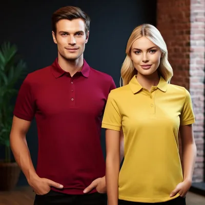 Man and woman modeling polo shirts.