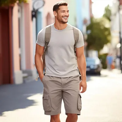 Man smiling walking in city with backpack.