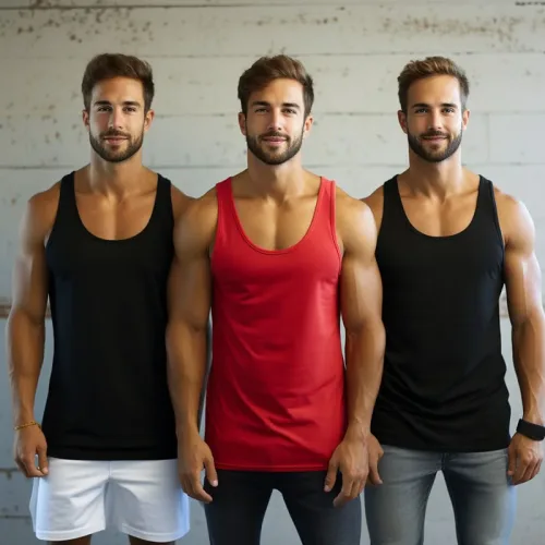 Three men modeling tank tops, fitness fashion.
