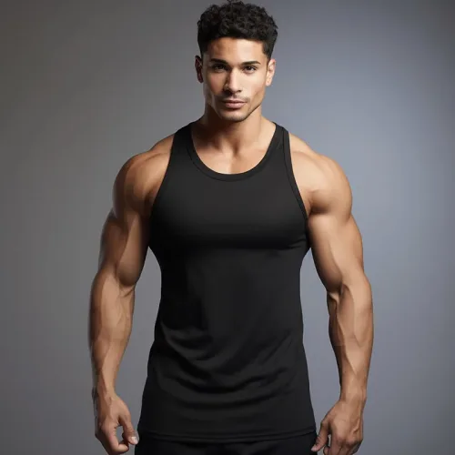 Muscular man in black tank top posing.