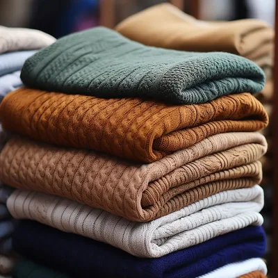 Stacked colorful knit sweaters in close-up.