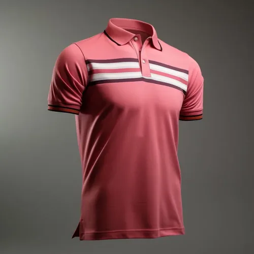 Men's striped red polo shirt on gray background