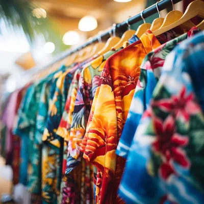Colorful Hawaiian shirts on display in store.