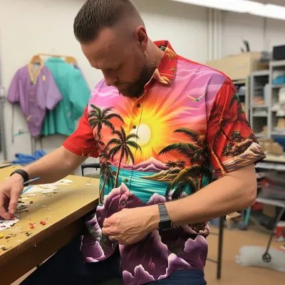 Man assembling jigsaw puzzle with tropical shirt.