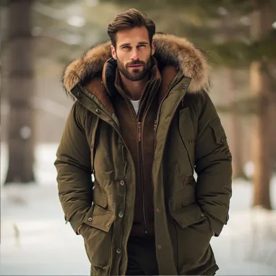 Man in winter jacket standing in snowy forest.