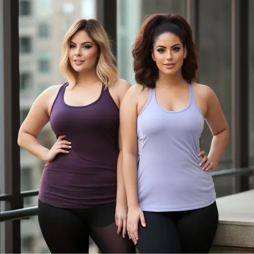 Two women modeling activewear outdoors.