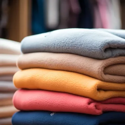 Stacked colorful fleece sweatshirts on display.