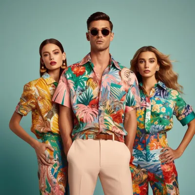 Three models in vibrant floral outfits.