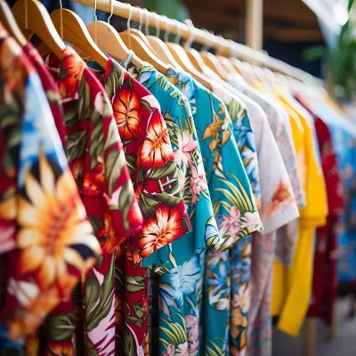 Colorful Hawaiian shirts on display rack.