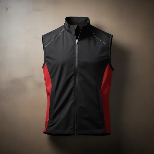 Black and red sleeveless sports jacket.