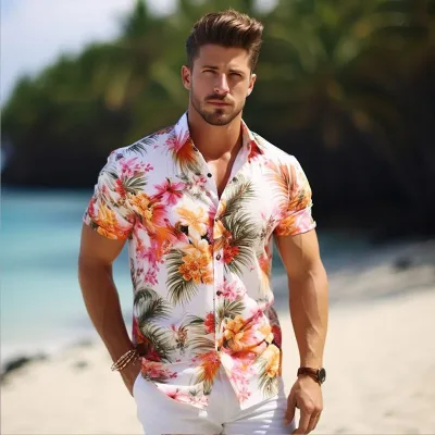 Man in floral shirt posing on tropical beach