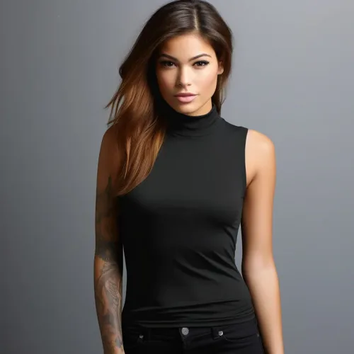 Woman with sleeve tattoo in black turtleneck.
