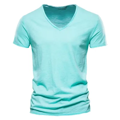 Aqua blue v-neck t-shirt isolated on white background.