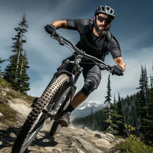 Mountain biker riding on rugged trail outdoors.