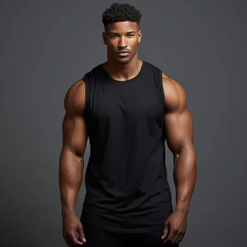 Fit man wearing black tank top against gray background.