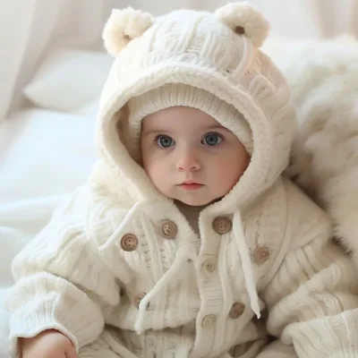 Baby in white knitted bear hoodie