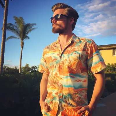 Man in tropical shirt near palm tree at sunset.