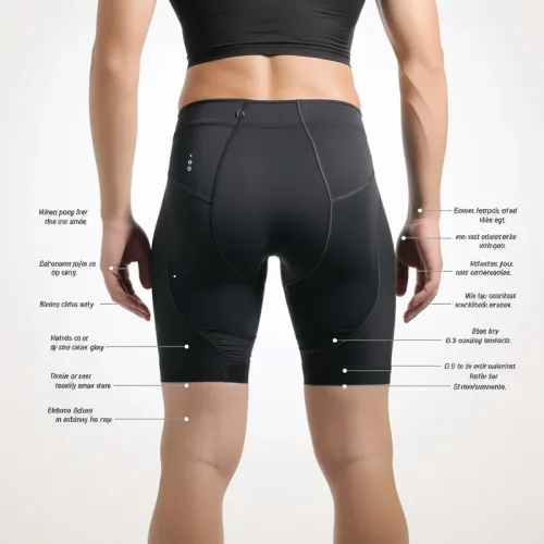 Woman wearing black athletic shorts with features labeled.