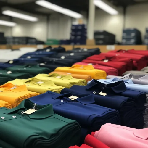 Colorful polo shirts display in clothing store.