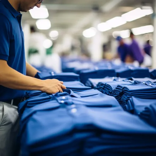Worker inspecting blue shirts in apparel factory.