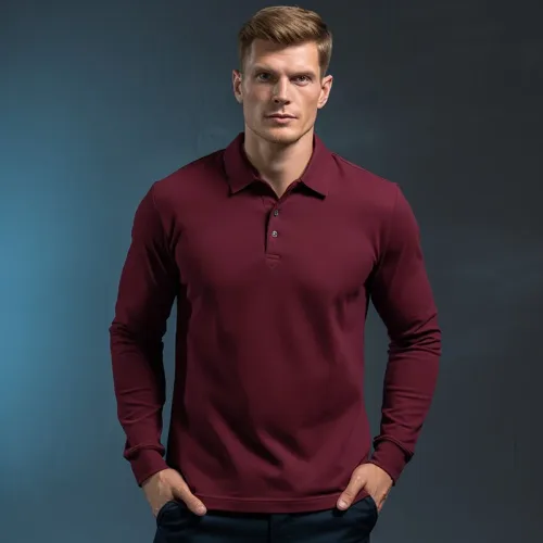 Man in burgundy polo shirt, fashion modeling.