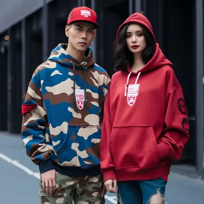 Man and woman modeling trendy streetwear hoodies.