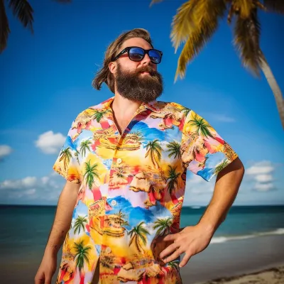 Man in colorful shirt at tropical beach.