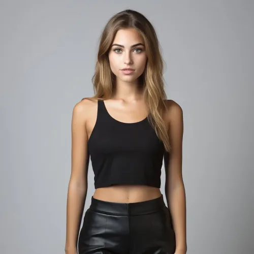 Woman in black tank top and leather pants.