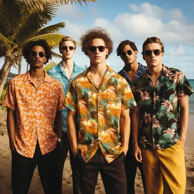 Men in tropical shirts on beach