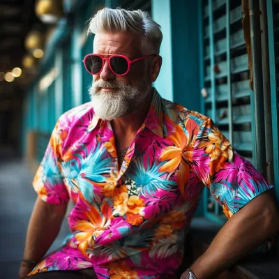 Man in vibrant tropical shirt and pink sunglasses.
