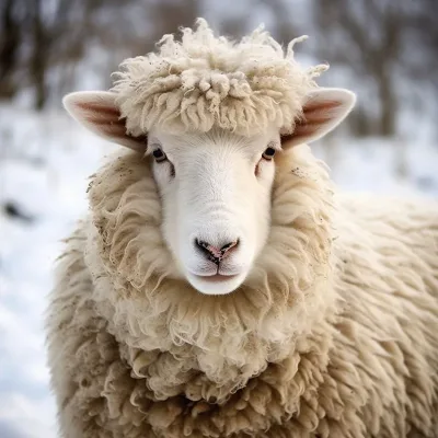Fluffy sheep in a snowy landscape.