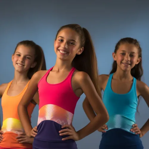 Three girls in colorful sportswear smiling.